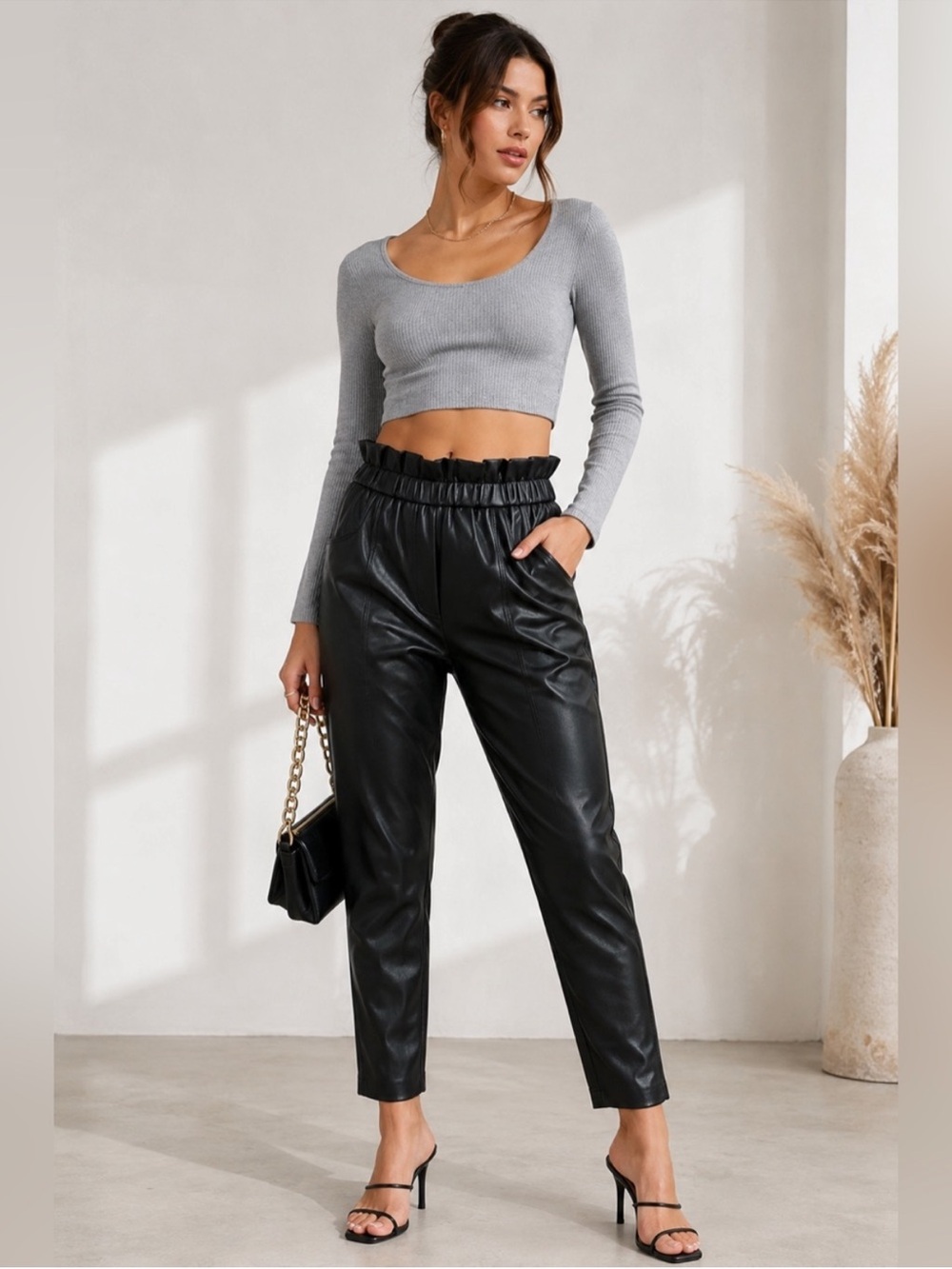 NWT Elan High-Rise Black Ruffle Faux Leather Elastic Waistband Pull On Pants, S